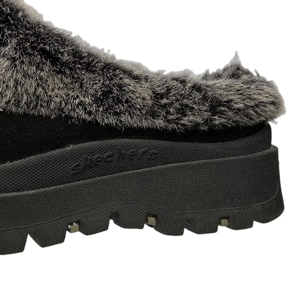 Skechers Shoe Clogs Shindig Platform Black Suede Faux Fur Lined Women Sz 9 Y2K